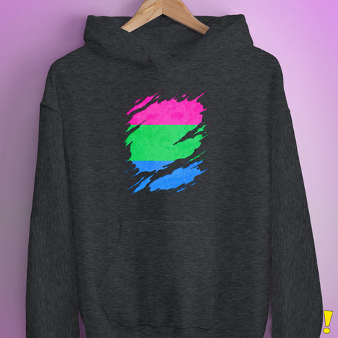 Polysexual Pride Flag Ripped Reveal Hoodie - Dark Grey Heather